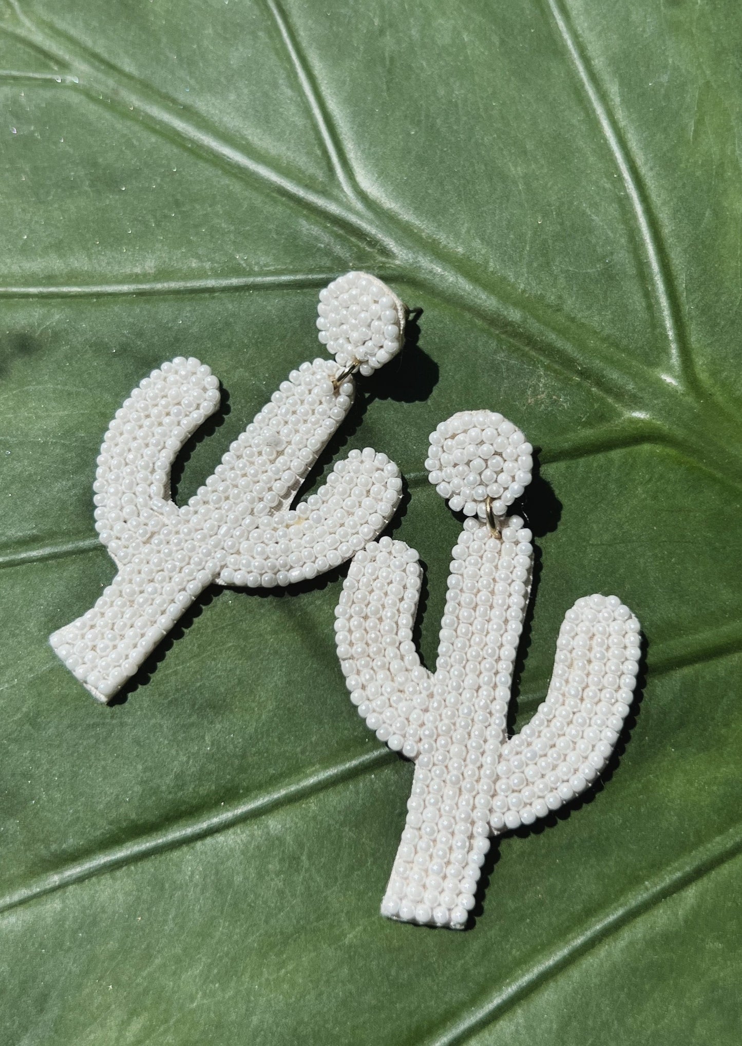 White Beaded Cactus Earrings