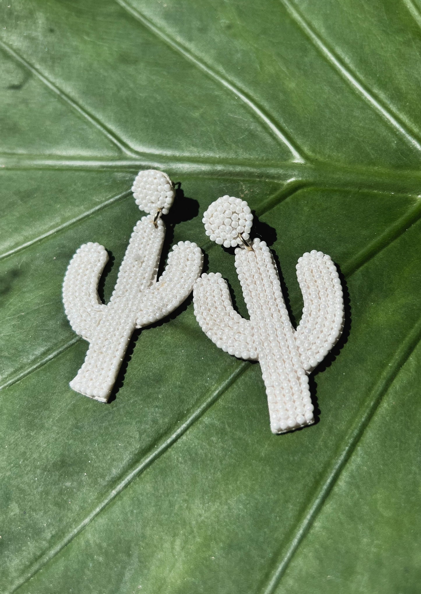 White Beaded Cactus Earrings